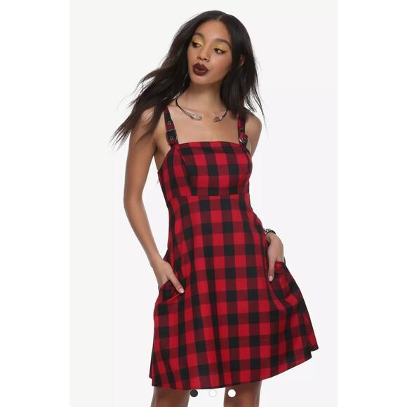 Hot Topic Red Black Buffalo Plaid Buckle Strap Dress Size XL Grunge - Picture 9 of 9